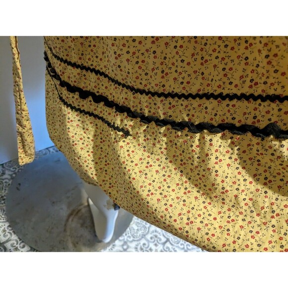 Rare 40s Calico Cotton Apron Dress S/M Patio Peasant Yellow Wrap Ric Rac Pocket - Picture 7 of 8